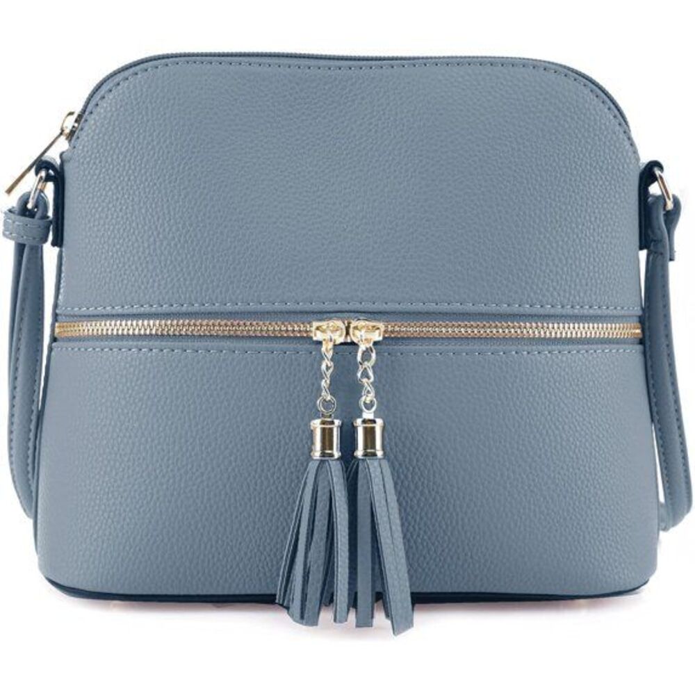 Womens Crossbody Bag Tassel Zipper Blue Grey Faux Leather Dome Shoulder Purse